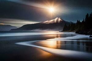 un montaña y un playa son mostrado en el oscuro. generado por ai foto