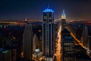 the empire state building is lit up blue at night. AI-Generated photo