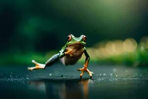 a frog jumping on the ground. AI-Generated photo