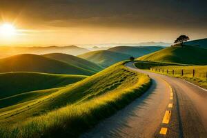 a road winding through the hills at sunset. AI-Generated photo