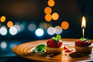 two small cupcakes with candles on a plate. AI-Generated photo