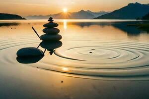 a stack of stones in the water at sunset. AI-Generated photo