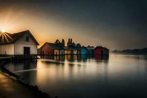 a beautiful sunrise over a lake with colorful houses. AI-Generated photo