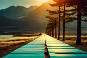 a long wooden path leads to the mountains. AI-Generated photo