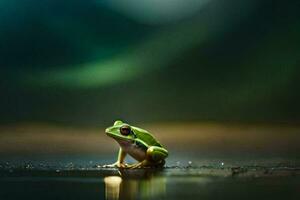 a frog sitting on the ground in the dark. AI-Generated photo