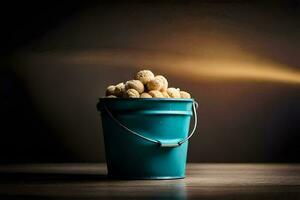 a bucket filled with peanuts on a table. AI-Generated photo