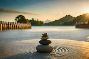 a stack of stones on the beach at sunset. AI-Generated photo