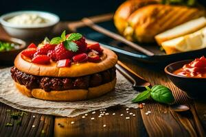 a hamburger with strawberries and cheese on a wooden table. AI-Generated photo