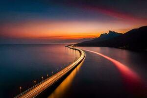 a long exposure photo of a road and water at sunset. AI-Generated
