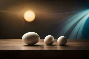 three eggs on a table with a light behind them. AI-Generated photo