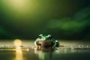 un rana sentado en el suelo en frente de un verde antecedentes. generado por ai foto