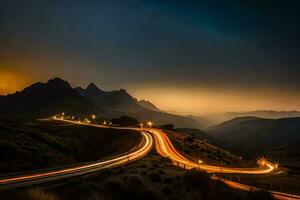 a long exposure photograph of a winding road in the mountains. AI-Generated photo