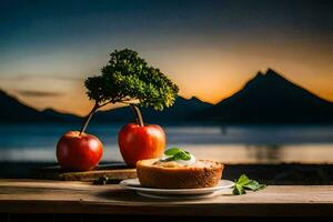 the apple pie is on a wooden table with a view of the mountains. AI-Generated photo