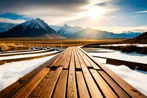 a wooden walkway leads to a snowy field with mountains in the background. AI-Generated photo