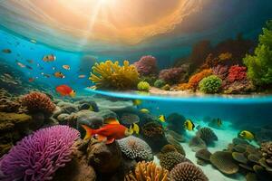 the sun shines over a coral reef and fish. AI-Generated photo