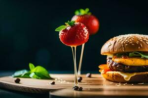 a hamburger with strawberries and cheese on a wooden cutting board. AI-Generated photo