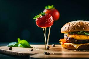 un hamburguesa con fresas y queso en un de madera corte tablero. generado por ai foto