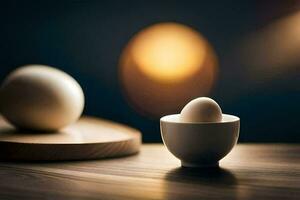 an egg in an egg cup on a wooden table. AI-Generated photo