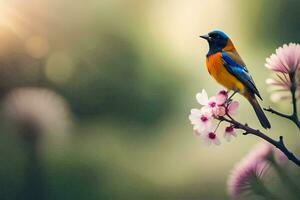 a bird is perched on a branch with pink flowers. AI-Generated photo