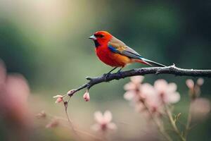 a red bird is sitting on a branch. AI-Generated photo