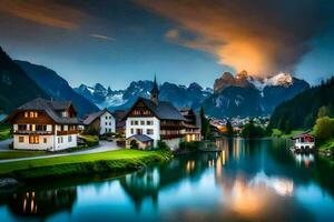 a beautiful lake and mountain village in the alps. AI-Generated photo