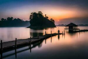 a man stands on a dock at sunset. AI-Generated photo