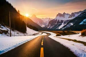 un la carretera en el montañas con nieve y montañas en el antecedentes. generado por ai foto