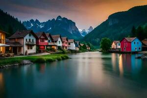 photo wallpaper the sky, mountains, river, houses, the mountains, the river, the mountains. AI-Generated