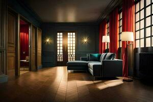 un vivo habitación con oscuro paredes y rojo cortinas generado por ai foto