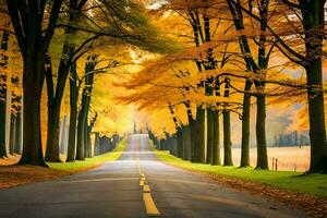 un vacío la carretera forrado con arboles en el caer. generado por ai foto