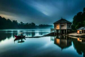 a boat sits on the shore of a lake at dusk. AI-Generated photo