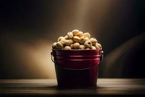 a bucket of nuts on a wooden table. AI-Generated photo