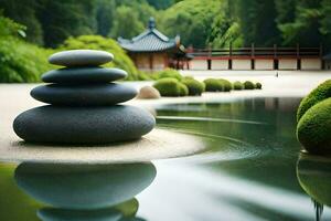 a japanese garden with stones and water. AI-Generated photo