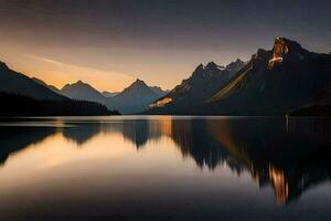 el montañas son reflejado en el agua a puesta de sol. generado por ai foto