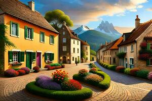 photo wallpaper the sky, flowers, houses, mountains, flowers, flowers, flowers, flowers,. AI-Generated