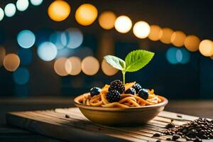 a bowl of pasta with blackberries and a leaf on a wooden table. AI-Generated photo