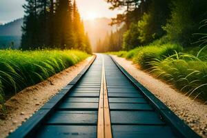 un tren pista en el medio de un campo. generado por ai foto