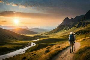 a man with backpack walks on a path in the mountains. AI-Generated photo