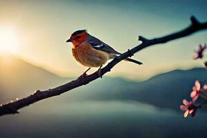 a bird sits on a branch in front of a sunset. AI-Generated photo