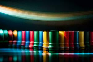 a row of colorful plastic cups on a table. AI-Generated photo