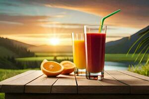 dos lentes de jugo en un mesa con un puesta de sol en el antecedentes. generado por ai foto