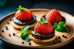 three small chocolate covered strawberries on a plate. AI-Generated photo