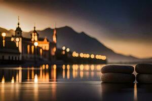 two stones sit on the water in front of a church. AI-Generated photo