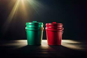 two red and green buckets on a dark table. AI-Generated photo