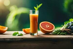 a glass of orange juice with grapes and oranges. AI-Generated photo