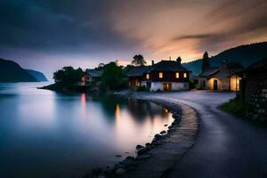 un lago y un casa a oscuridad. generado por ai foto