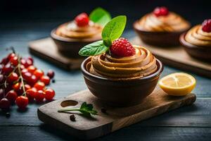 desserts in bowls with raspberries and mint. AI-Generated photo