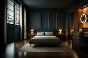 a bedroom with dark wood floors and a bed. AI-Generated photo