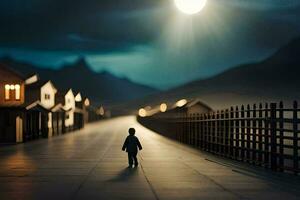 un chico camina abajo un la carretera a noche con un lleno Luna en el antecedentes. generado por ai foto