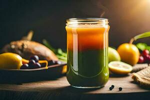 a glass of green juice with fruits and vegetables. AI-Generated photo